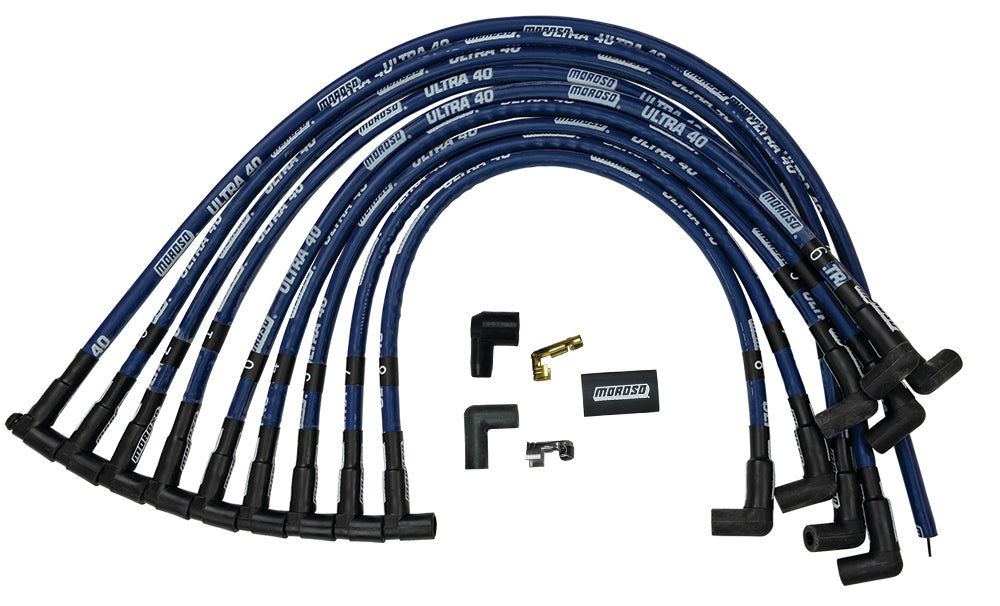 Spark Plug Wire Set - Ultra 40 - Spiral Core - 8.65 mm - Sleeved - Blue - 90 Degree Plug Boots - HEI - Over Valve Cover - Small Block Chevy - Kit