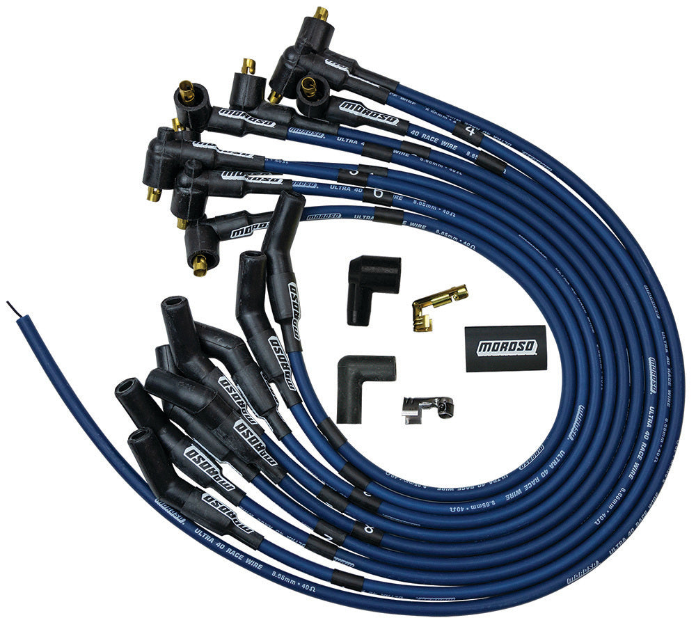 Spark Plug Wire Set - Ultra 40 - Spiral Core - 8.65 mm - Blue - 45 Degree Plug Boots - Socket Style - Cut-To-Fit - Small Block Ford - Kit