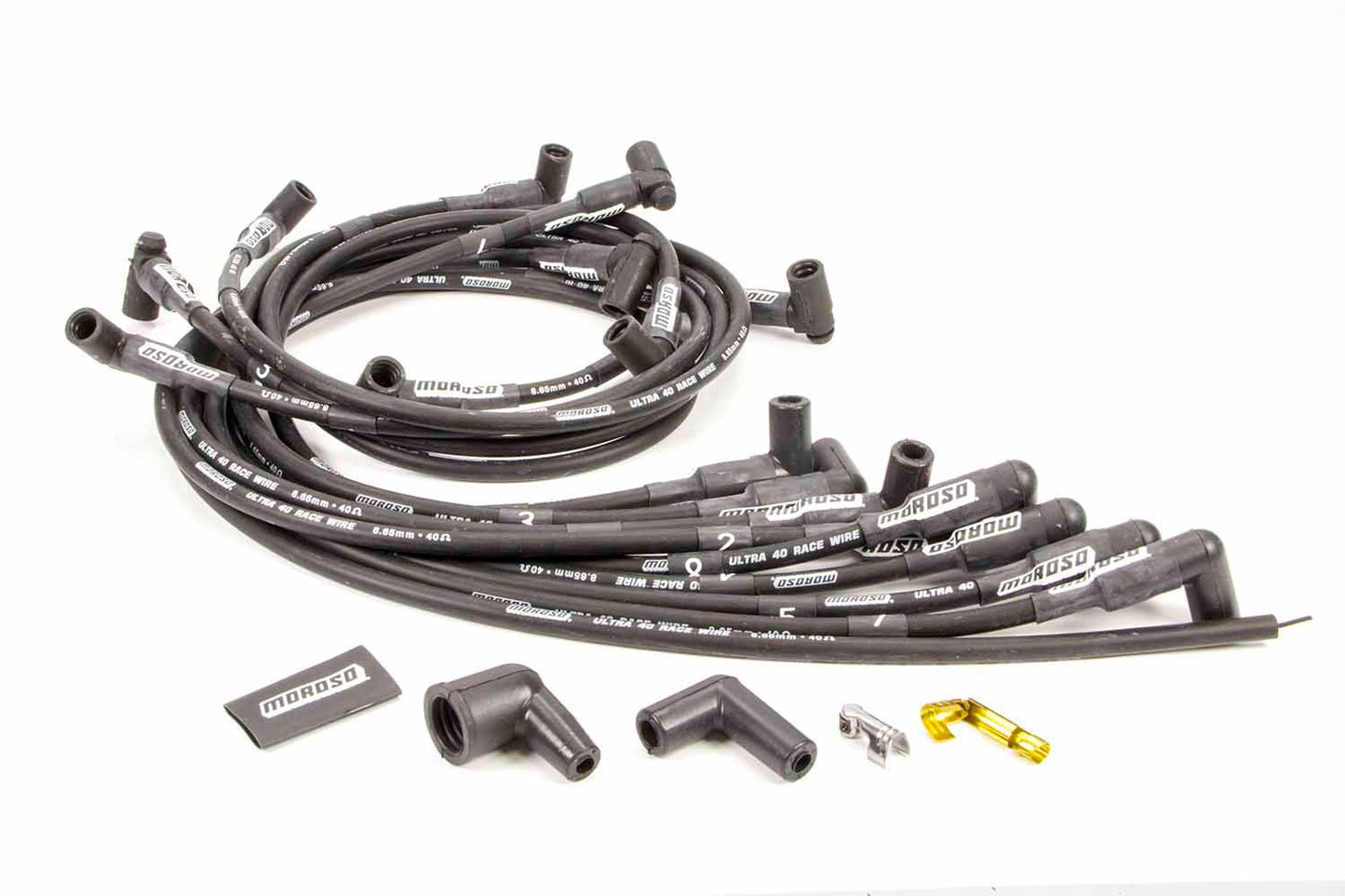 Spark Plug Wire Set - Ultra 40 - Spiral Core - 8.65 mm - Black - 90 Degree Plug Boots - HEI Style Terminal - Under Headers - Small Block Chevy - Kit