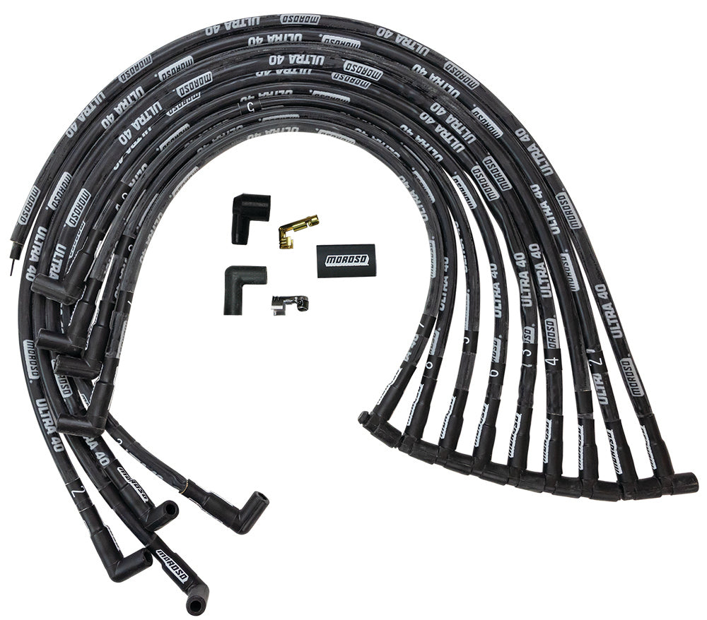 Spark Plug Wire Set - Ultra 40 - Spiral Core - 8.65 mm - Sleeved - Black - 90 Degree Plug Boots - HEI Style Terminal - Under Header - Small Block Chevy - Kit