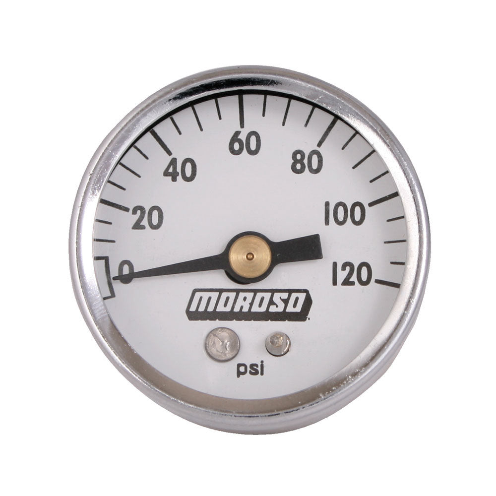 Oil Pressure Gauge - 0-120 psi - Mechanical - Analog - Full Sweep - 1-1/2 in Diameter - 1/8 in NPT Port - White Face - Each