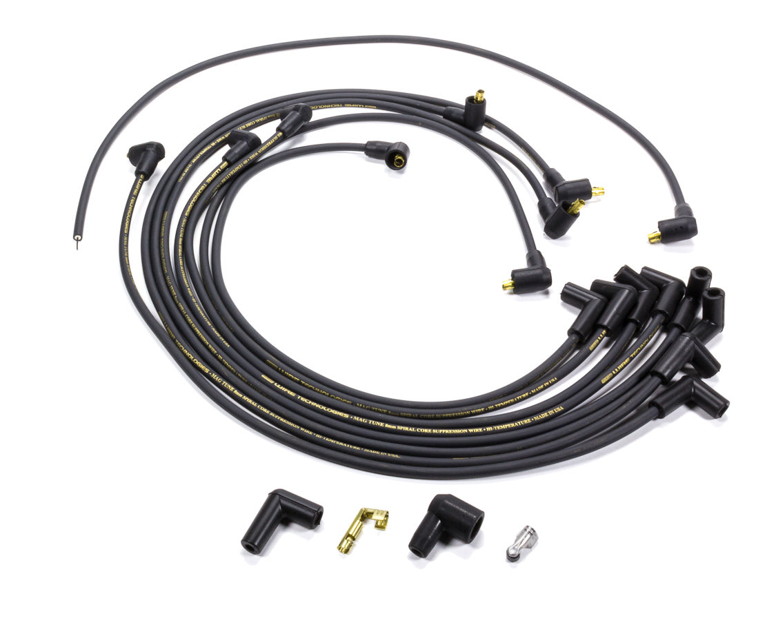 Spark Plug Wire Set - Mag-Tune - Spiral Core - 8.0 mm - Black - 90 Degree Plug Boots - Socket Style - Small Block Chevy - Kit