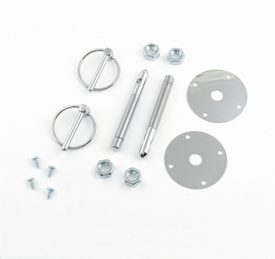 Hood Pin - Hood & Deck Pinning Kits - 0.438 in OD x 4 in Long - 2.5 in OD Scuff Plates - Torsion Clips - Hardware Included - Steel - Chrome - Kit
