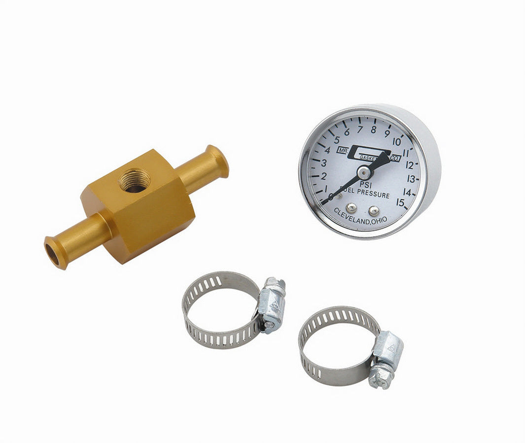 Fuel Pressure Gauge - 0-15 psi - Mechanical - Analog - Full Sweep - 1-1/2 in Diameter - 1/8 in NPT Port - Adapter Fitting - White Face - Kit