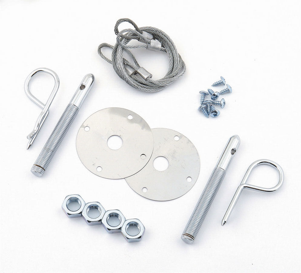 Hood Pin - Hood or Deck Pin Kit - Competition - 0.438 in OD x 4 in Long - 2.5 in OD Scuff Plates - Hairpin Clips - Lanyards - Hardware Included - Steel - Chrome - Kit