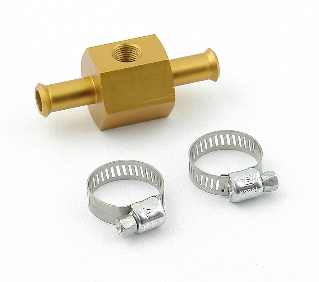 Fitting - Gauge Adapter - Straight - 3/8 in Hose Barb to 3/8 in Hose Barb - 1/8 in NPT Gauge Port - Aluminum - Gold Anodized - Each