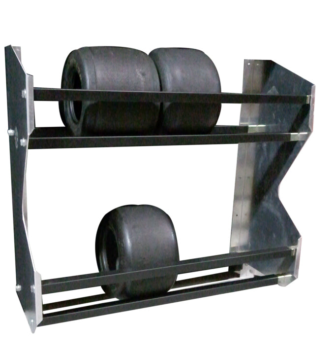 Tire Rack - Wall Mount - 2 Tier - 48 x 28 x 13 in - Aluminum / Steel - Black Powder Coat / Natural - Kart Tires - Each