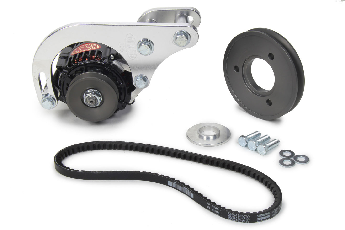 Alternator - Snug Fit - 55 amps - 12V - 1-Wire - V-Belt Pulley - Low Mount - Mounting Kit Included - Aluminum Case - Black Anodized - Big Bock Chevy - Kit