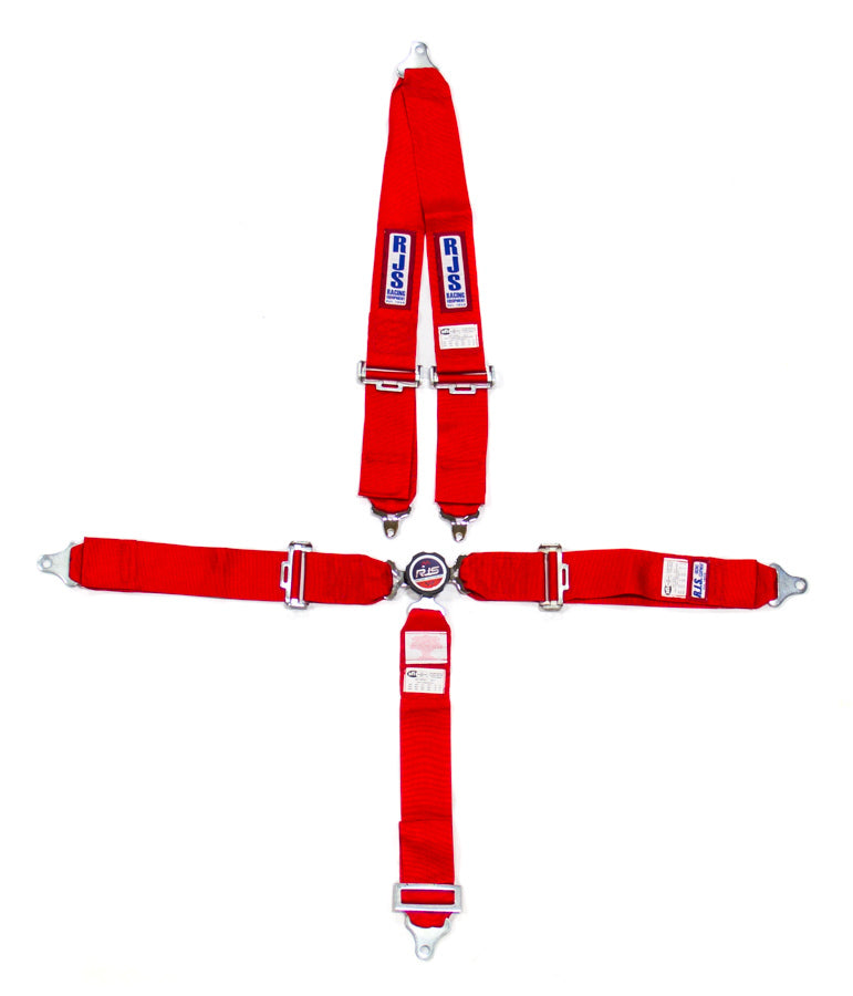 Harness - 5 Point - Camlock - SFI 16.1 - Pull Down Adjust - Bolt-On - V-Type Harness - Red - Kit
