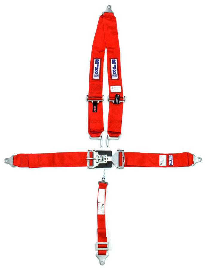Harness - 5 Point - Latch and Link - SFI 16.1 - 64 in Length - Pull Down Adjust - Bolt-On - V-Type Harness - Red - Kit