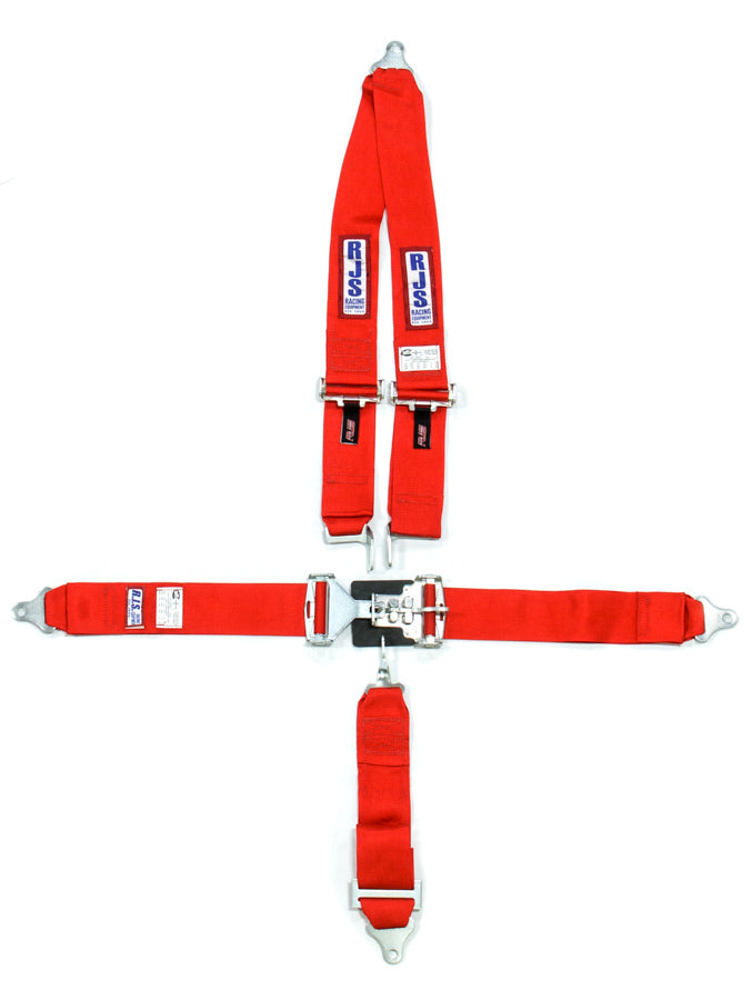 Harness - 5 Point - Latch and Link - SFI 16.1 - 64 in Length - Pull Down Adjust - Bolt-On - V-Type Harness - Red - Kit