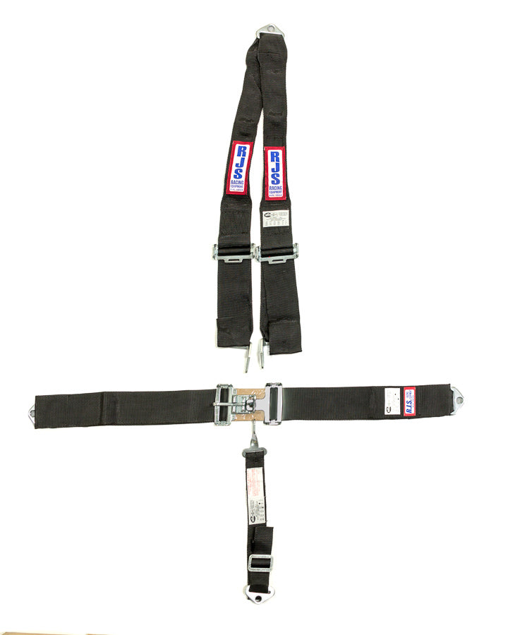 Harness - 5 Point - Latch and Link - SFI 16.1 - 64 in Length - Pull Down Adjust - Bolt-On - V-Type Harness - HANS Ready - Black - Kit
