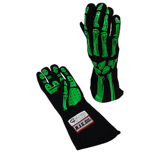 Driving Gloves - Skeleton - SFI 3.3/1 - Single Layer - Nomex - Black / Green - Large - Pair