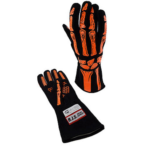 Driving Gloves - Skeleton - SFI 3.3/5 - Double Layer - Nomex - Black / Orange - Large - Pair