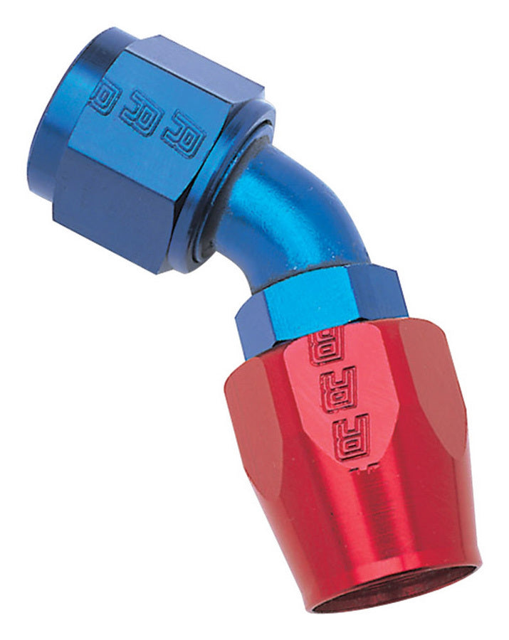 Fitting - Hose End - Full Flow - 45 Degree - 4 AN Hose to 4 AN Female - Aluminum - Blue / Red Anodized - Each