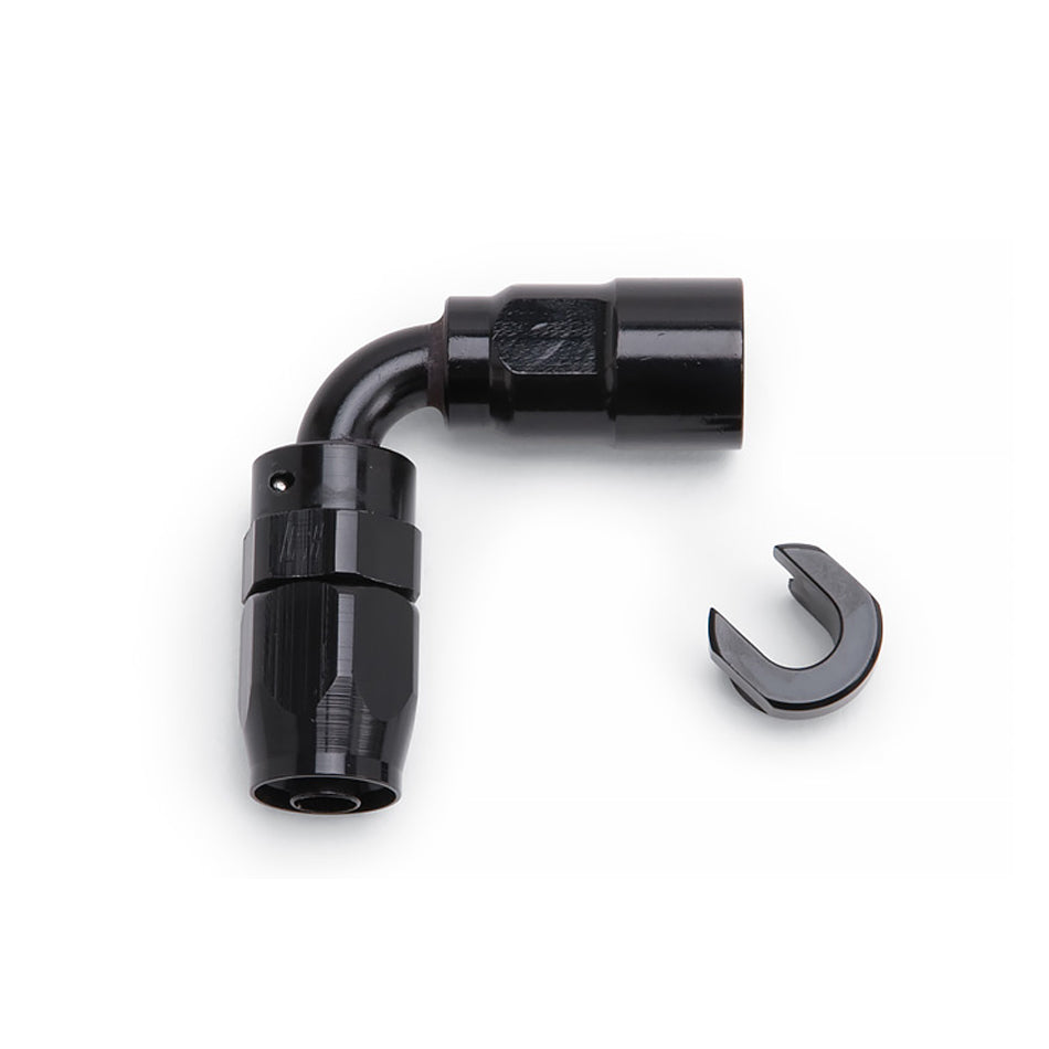 Fitting - Hose End - 90 Degree - 6 AN Hose Barb to 3/8 in SAE Female Quick Disconnect - Aluminum - Black Anodized - Each