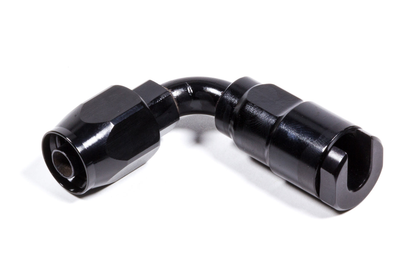 Fitting - Hose End - 90 Degree - 6 AN Hose Barb to 5/16 in SAE Female Quick Disconnect - Aluminum - Black Anodized - Each