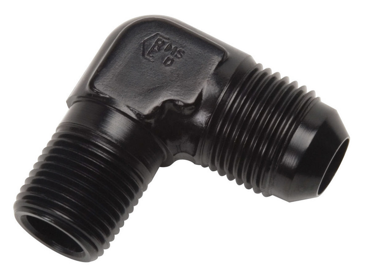 Fitting - Adapter - 90 Degree - 8 AN Male to 1/2 in NPT Male - Aluminum - Black Anodized - Each