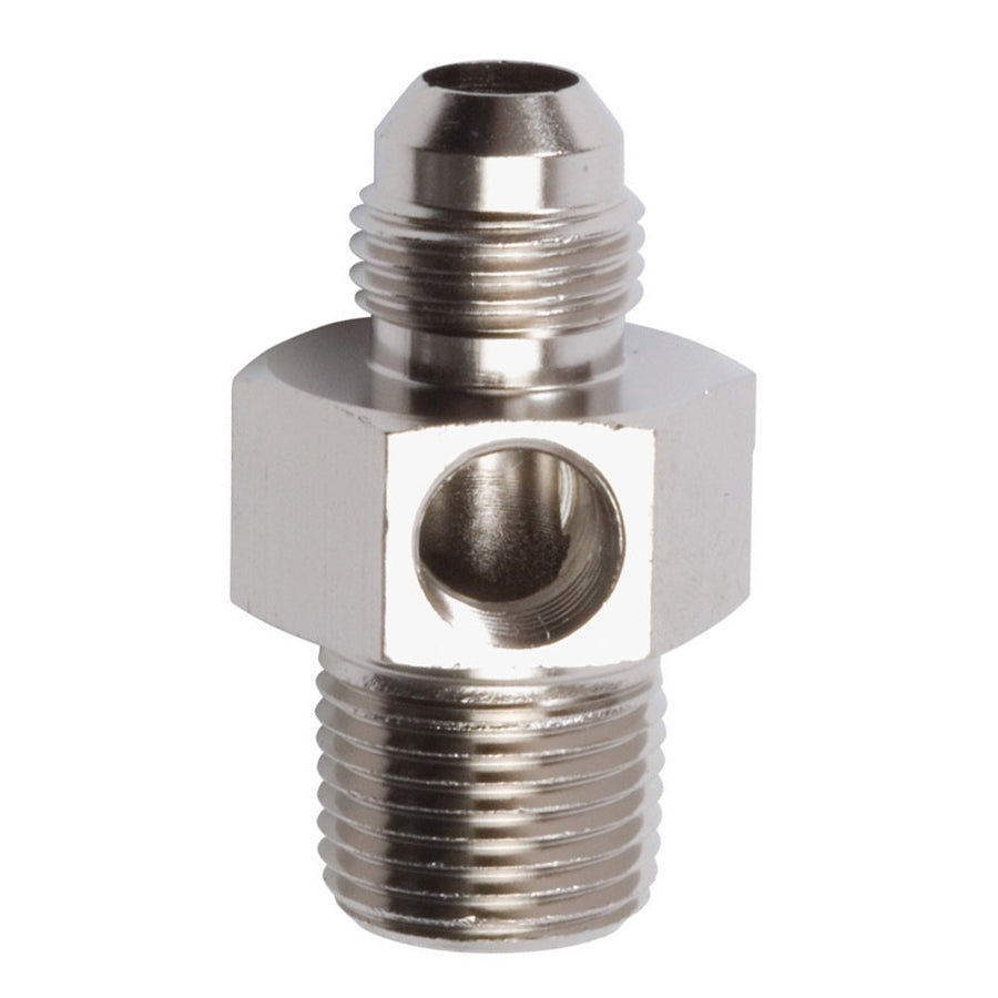 Fitting - Gauge Adapter - Straight - 6 AN Male to 3/8 in NPT Male - 1/8 in NPT Gauge Port - Aluminum - Nickel Anodized - Each