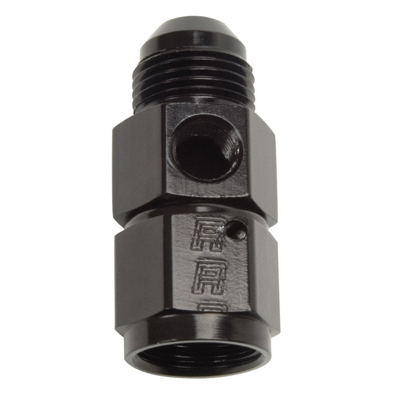 Fitting - Gauge Adapter - Straight - 8 AN Female to 8 AN Male - 1/8 in NPT Gauge Port - Aluminum - Black Anodized - Each