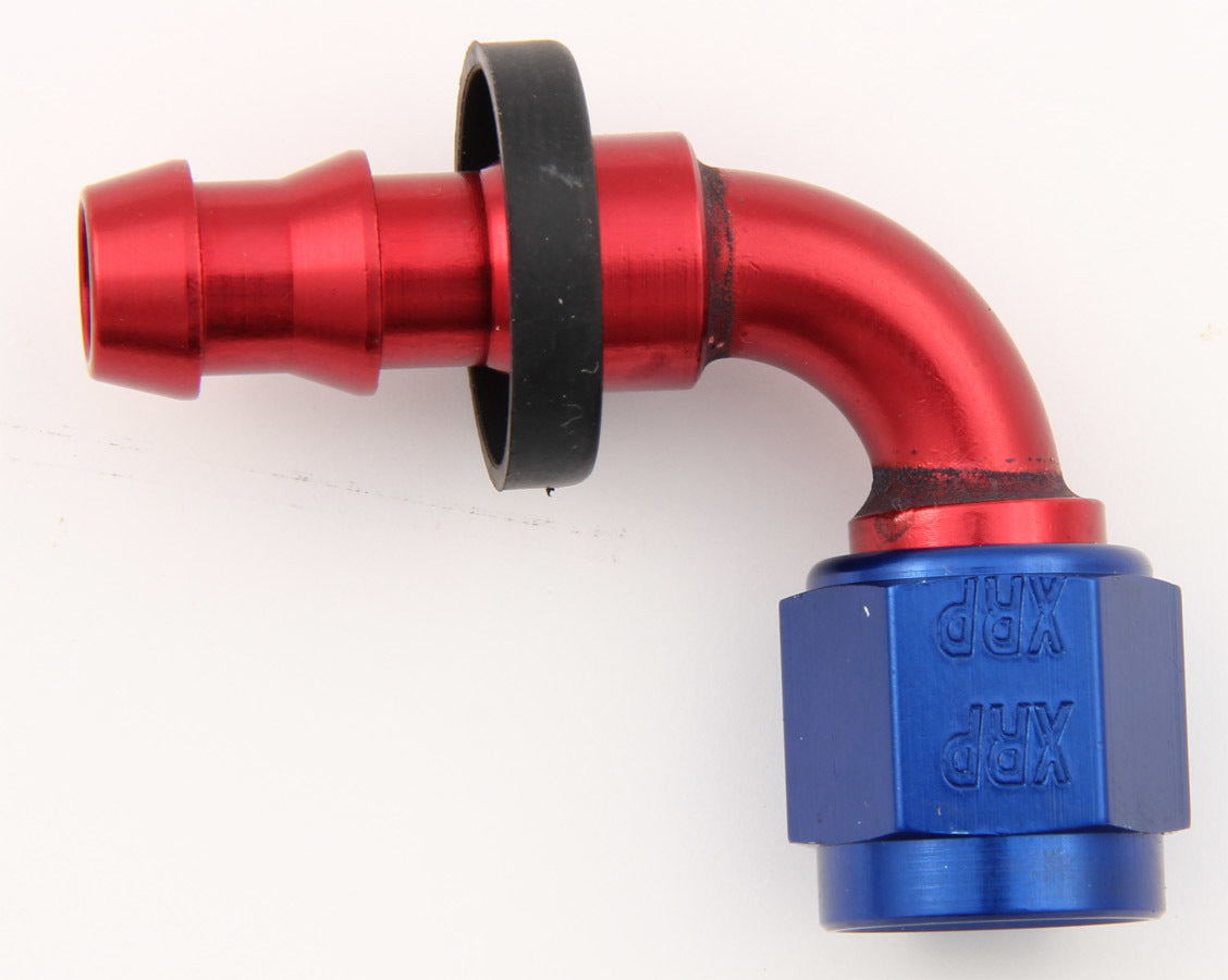 Fitting - Hose End - Push-On - 90 Degree - 12 AN Hose Barb to 12 AN Female - Aluminum - Blue / Red Anodized - Each