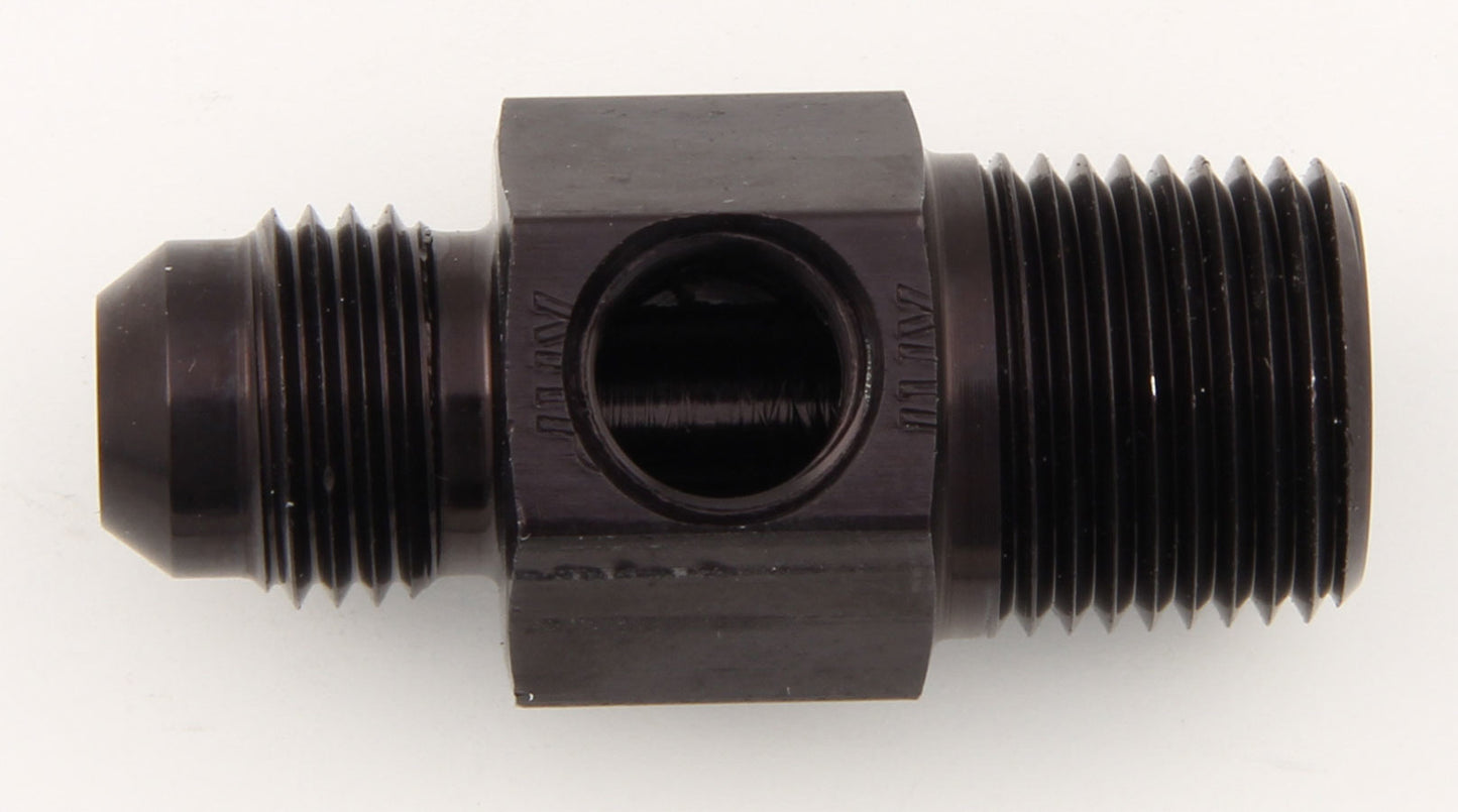 Fitting - Gauge Adapter - Straight - 6 AN Male to 3/8 in NPT Male - 1/8 in NPT Gauge Port - Aluminum - Black Anodized - Each