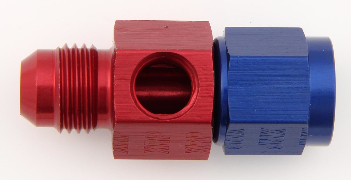 Fitting - Gauge Adapter - Straight - 6 AN Female to 6 AN Male - 1/8 in NPT Gauge Port - Aluminum - Blue / Red Anodized - Each