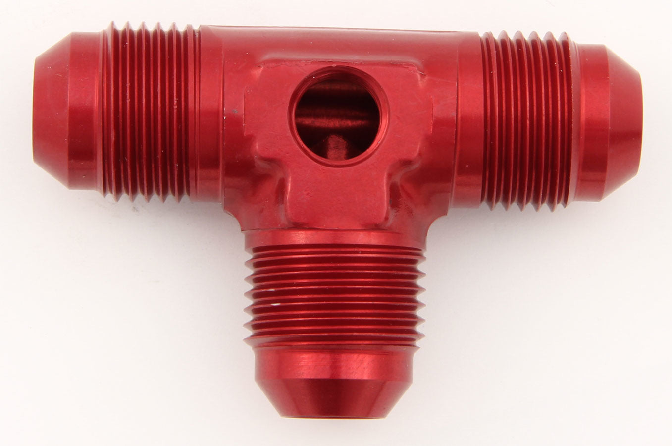 Fitting - Gauge Adapter - Tee - 6 AN Male x 6 AN Male x 6 AN Male - 1/8 in NPT Female Gauge Port - Aluminum - Red Anodized - Each