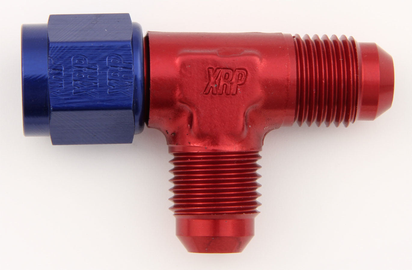 Fitting - Adapter Tee - 6 AN Female Swivel x 6 AN Male x 6 AN Male - Aluminum - Blue / Red Anodized - Each