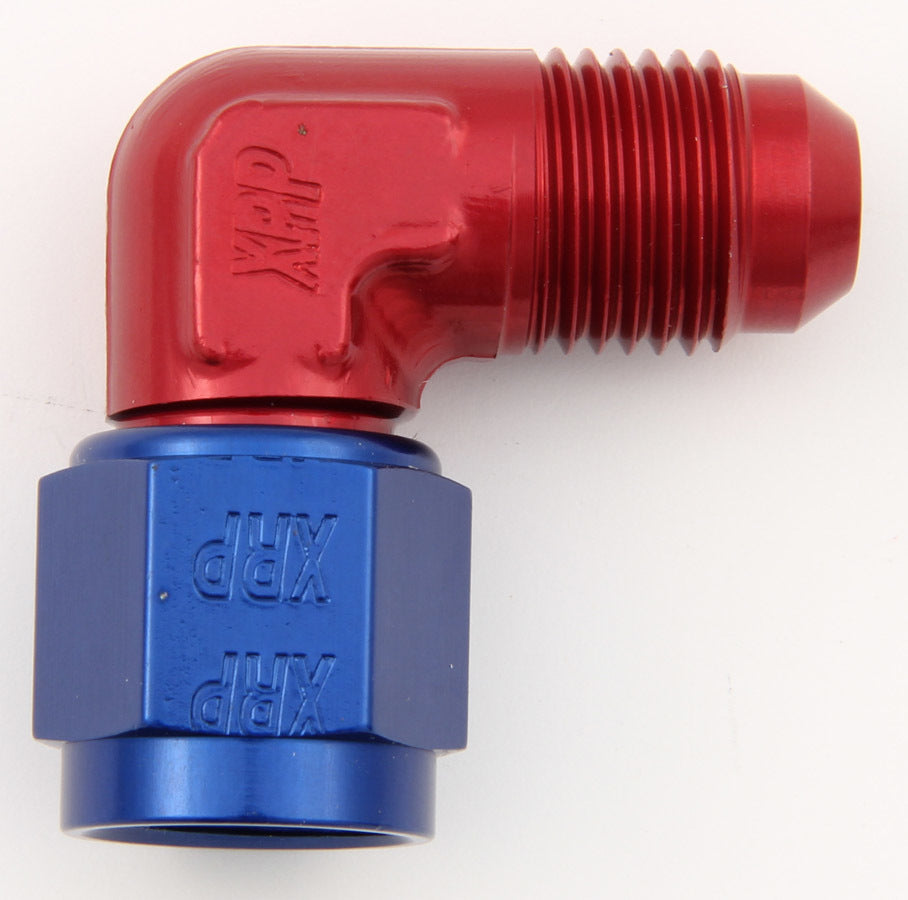 Fitting - Adapter - 90 Degree - 12 AN Female Swivel to 12 AN Male - Low Profile - Aluminum - Blue / Red Anodized - Each