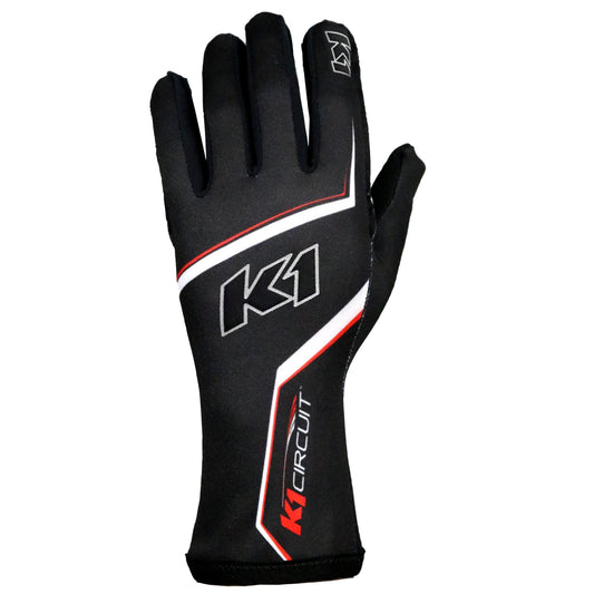 K1 Circuit Adult Karting Gloves - Black, White - Size 6, XS