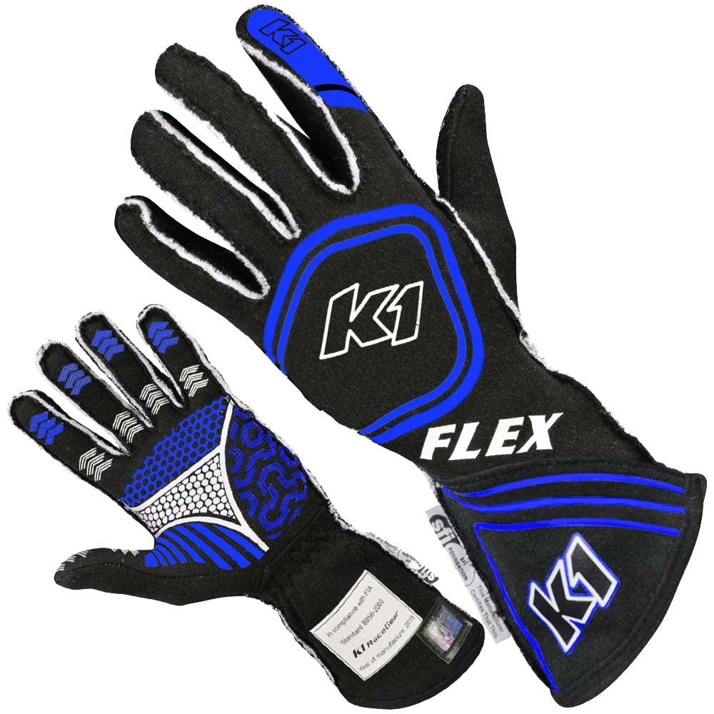 K1 Flex Youth Nomex® Auto Racing Gloves - SFI 3.3/5 - Black, Blue - 4XS