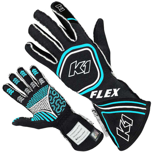 K1 Flex Adult Nomex® Auto Racing Gloves - SFI 3.3/5 - Black, Flo Blue - Small