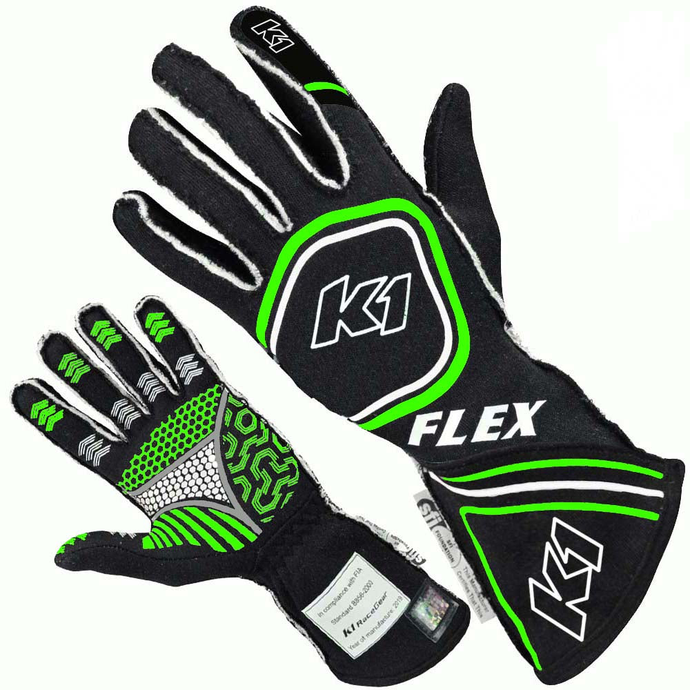 K1 Flex Adult Nomex® Auto Racing Gloves - SFI 3.3/5 - Black, Flo Green - Small