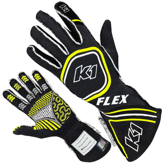 K1 Flex Adult Nomex® Auto Racing Gloves - SFI 3.3/5 - Black, Flo Yellow - Small