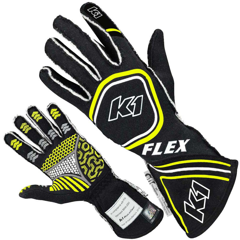 K1 Flex Adult Nomex® Auto Racing Gloves - SFI 3.3/5 - Black, Flo Yellow - Medium