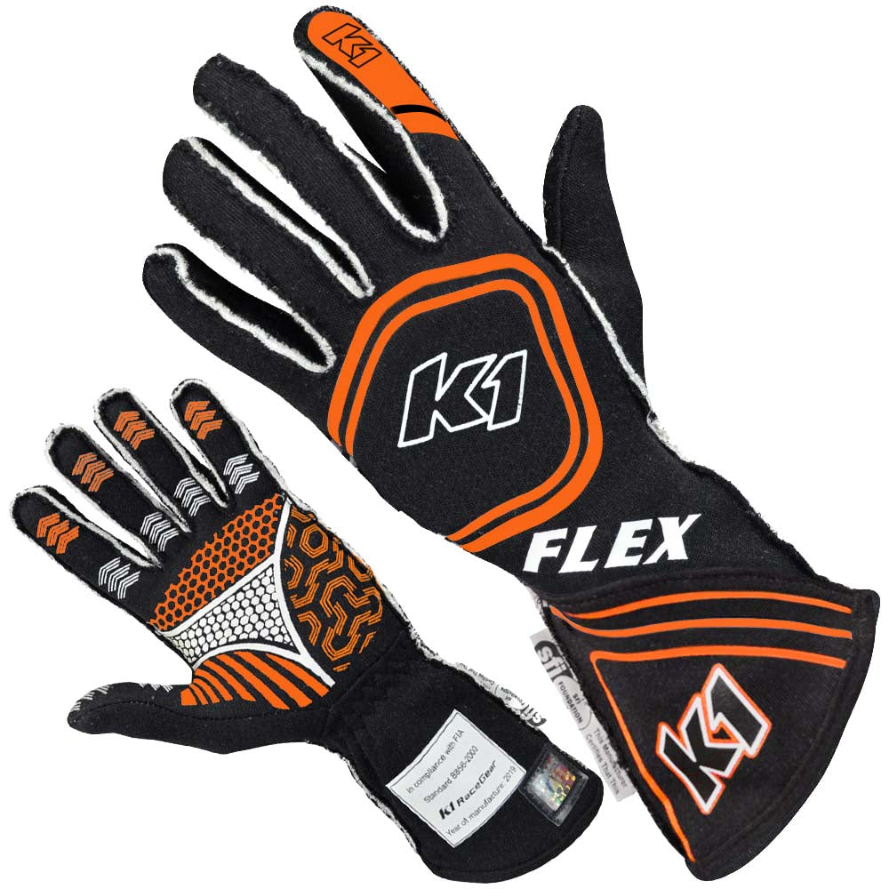 K1 Flex Adult Nomex® Auto Racing Gloves - SFI 3.3/5 - Black, Orange - Small