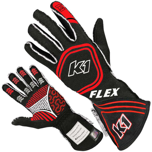 K1 Flex Youth Nomex® Auto Racing Gloves - SFI 3.3/5 - Black, Red - 4XS