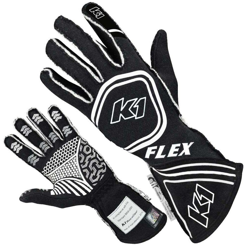 K1 Flex Youth Nomex® Auto Racing Gloves - SFI 3.3/5 - Black, White - XS