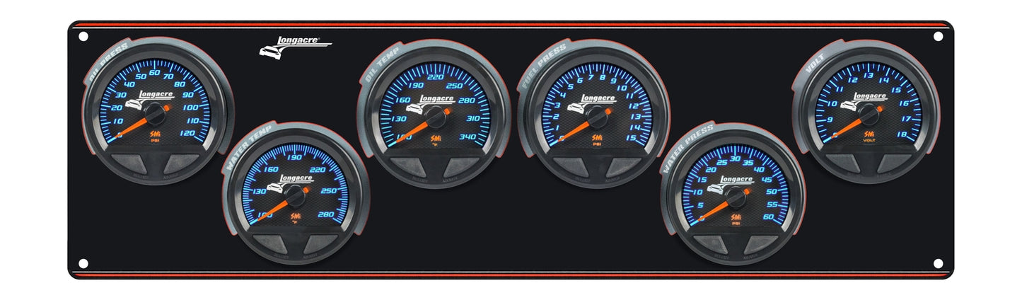 SMi™ Elite Waterproof Gauge Panel from Longacre,  6 Gauge Oil Pressure/Water Temperature/Oil Temperature/Fuel Pressure/Water Pressure/Volt