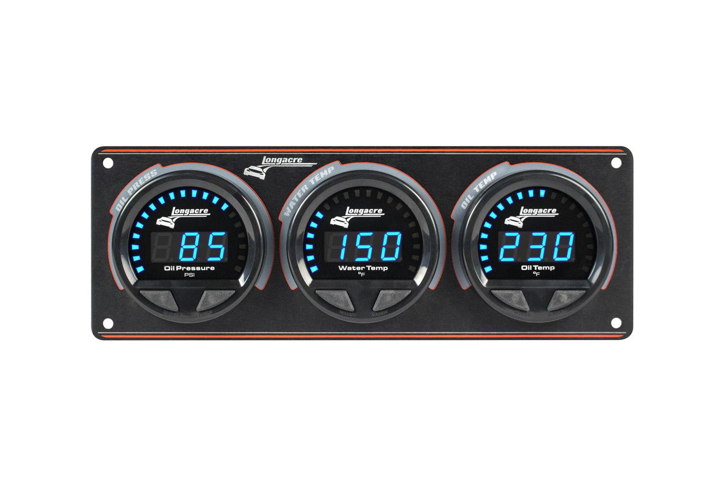 Digital Elite LED Waterproof Gauge Panel from Longacre, 3 Gauge Oil Pressure/Water Temperature/Oil Temperature