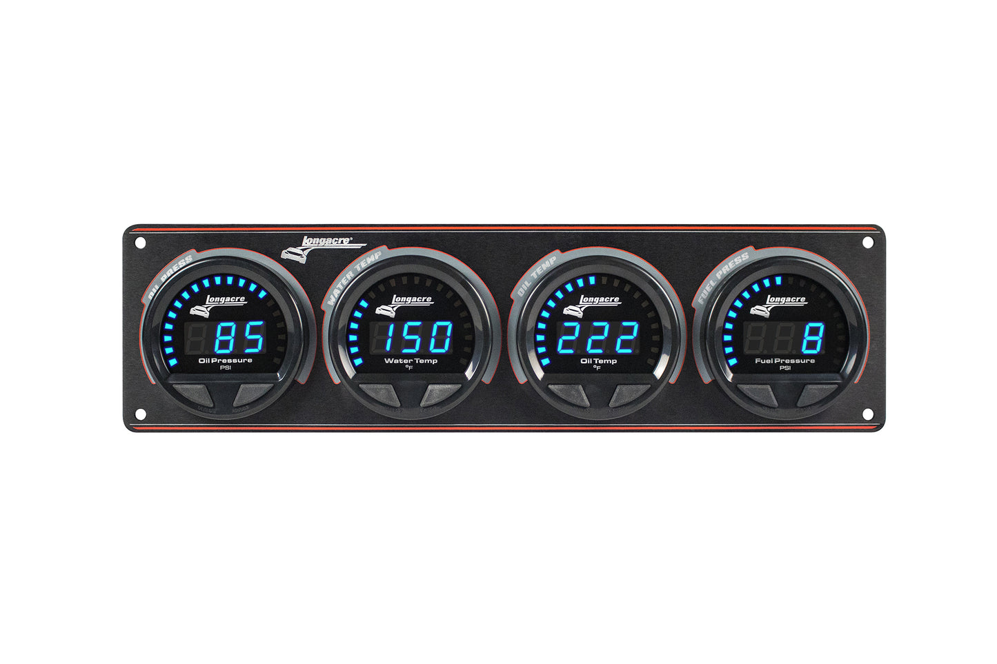 Digital Elite LED Waterproof Gauge Panel from Longacre, 4 Gauge Oil Pressure/Water Temperature/Oil Temperature/Fuel Pressure