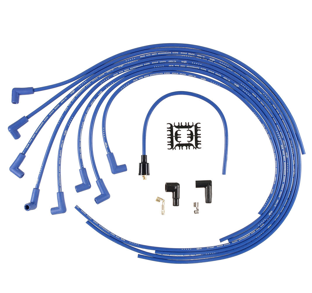 Spark Plug Wire Set - Super Stock - Spiral Core - 8 mm - Blue - 90 Degree Plug Boots - HEI Style Terminal - Cut-To-Fit - V8 - Kit