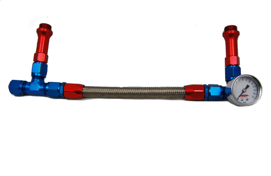 Carburetor Fuel Line - 6 AN Single Male Inlet - 7/8-20 in Dual Outlets - Gauge - Braided Stainless Hose - Blue / Red / Silver - Holley 4150 - Kit