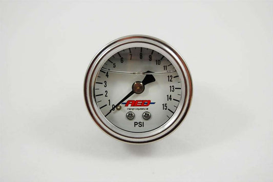 Pressure Gauge - 0-15 psi - Mechanical - Analog - 1-1/2 in Diameter - Liquid Filled - 1/8 in NPT Port - White Face - Each