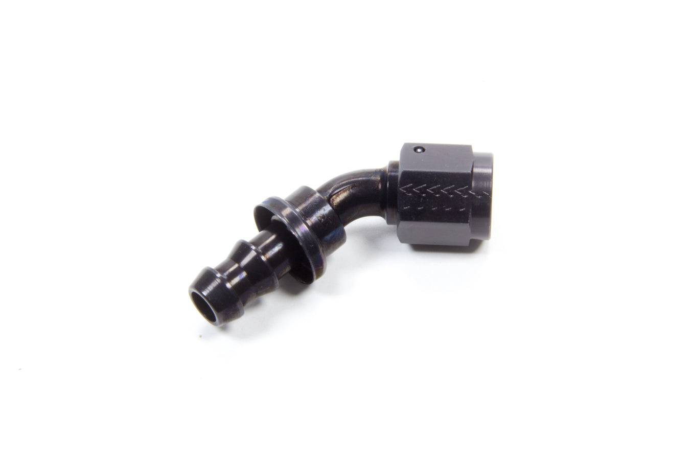 Fitting - Hose End - AQP Socketless - 45 Degree - 6 AN Hose Barb to 6 AN Female - Aluminum - Black Anodized - Each