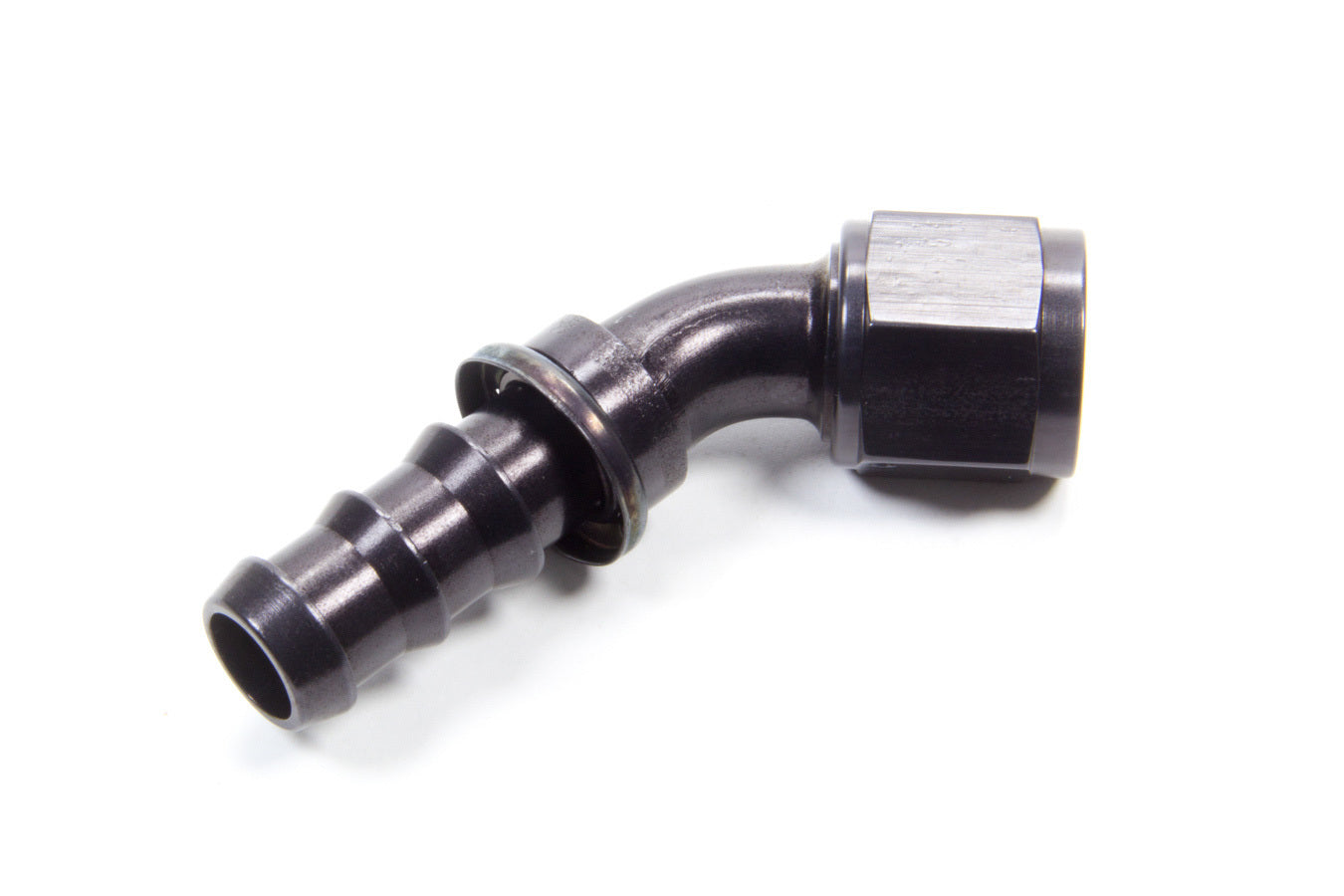 Fitting - Hose End - AQP Socketless - 45 Degree - 10 AN Hose Barb to 10 AN Female - Aluminum - Black Anodized - Each