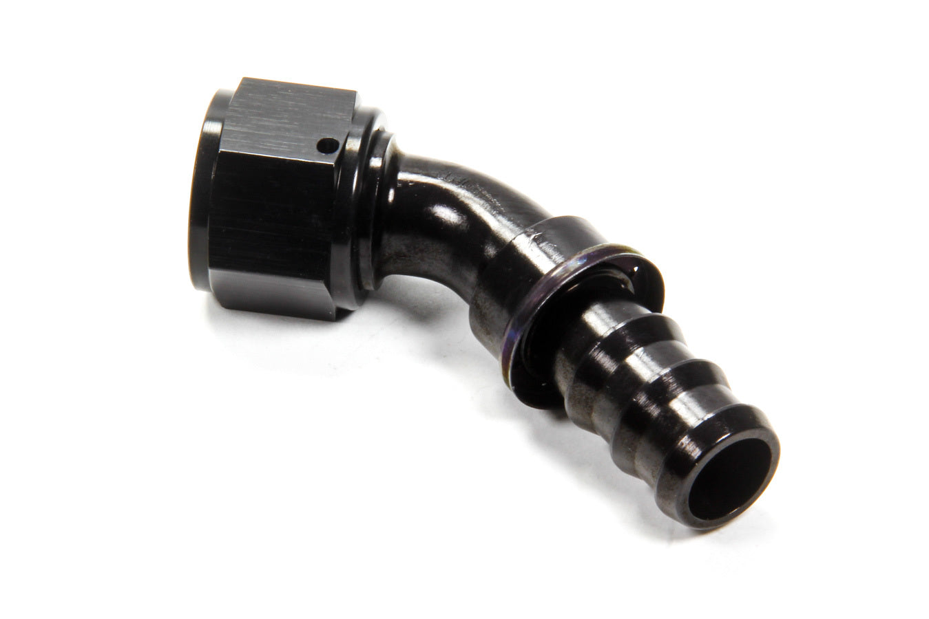 Fitting - Hose End - AQP Socketless - 45 Degree - 12 AN Hose Barb to 12 AN Female - Aluminum - Black Anodized - Each