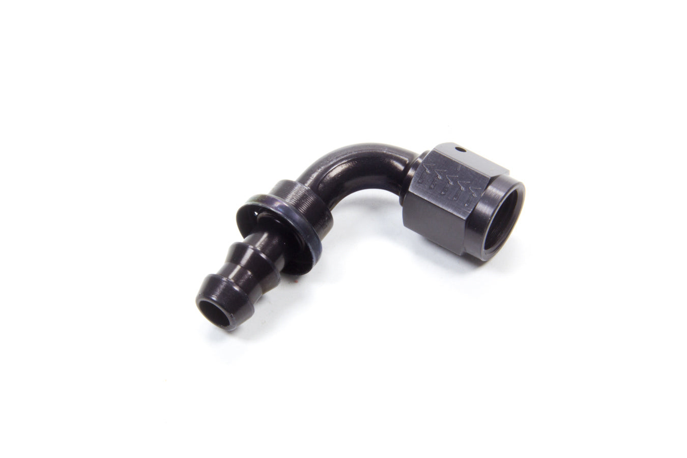 Fitting - Hose End - AQP Socketless - 90 Degree - 6 AN Hose Barb to 6 AN Female - Aluminum - Black Anodized - Each