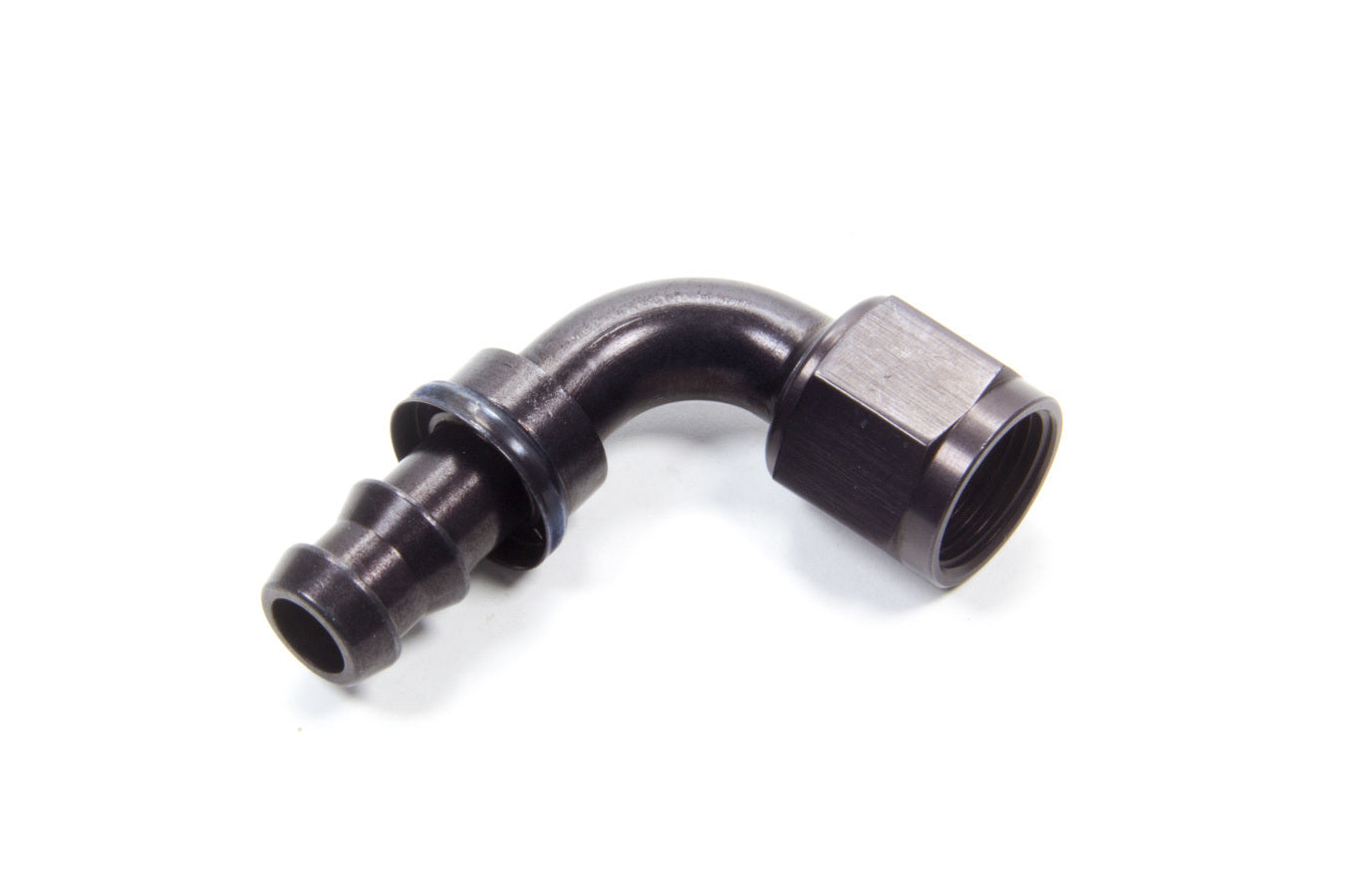 Fitting - Hose End - AQP Socketless - 90 Degree - 8 AN Hose Barb to 8 AN Female - Aluminum - Black Anodized - Each